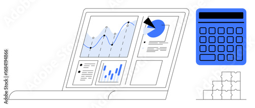 Laptop screen displaying analytics, pie chart, and graphs with an adjacent blue calculator and stacking blocks. Ideal for business, analysis, strategy, finance, technology planning growth. Flat