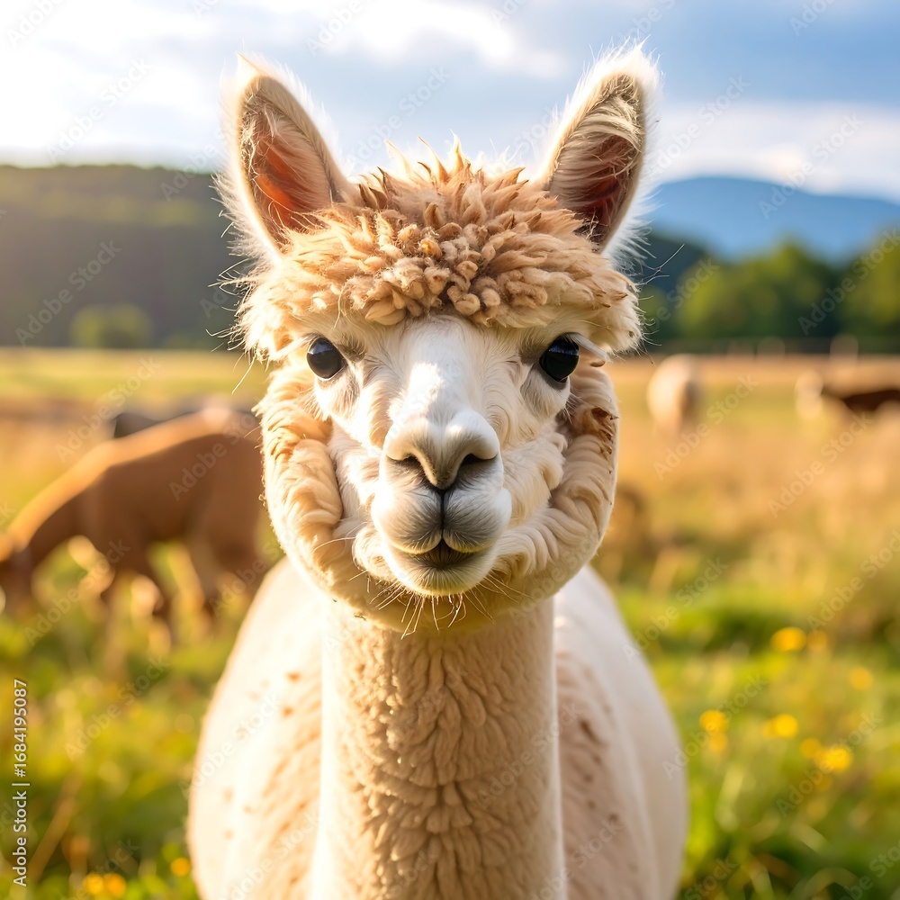 Obraz premium A charming alpaca, its fluffy fur and expressive eyes, captivates the viewer in a pastoral setting.