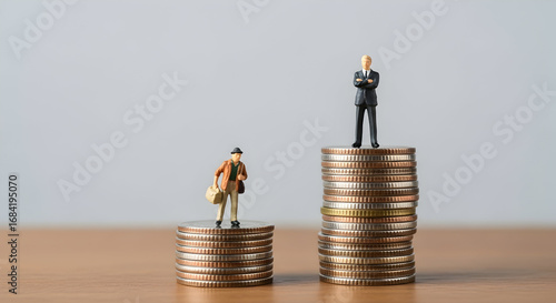 Miniature figures stand on stacks of coins representing wealth inequality and financial disparity highlighting the gap between rich and poor in society and the economy