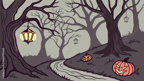 Halloween Forest Path with Jack-o'-Lanterns