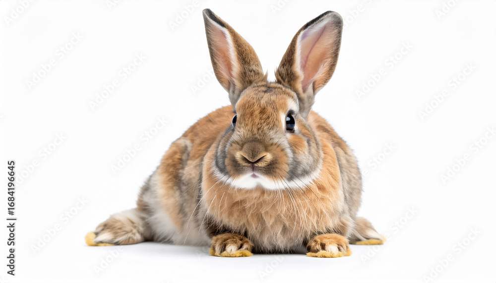 Fototapeta premium Sitting little rabbit isolated on white background, looking forward; wallpaper