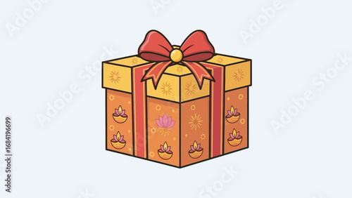 Festive Gift Box Wrapped in Oranges and Gold, Adorned with Traditional Indian Diya Lamps and a Red Ribbon Bow, Perfect for Celebrations and Special Occasions