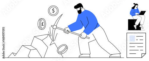 Man striking rocks with a pickaxe releasing coins. Woman working on a laptop next to a financial report. Ideal for finance, cryptocurrency, investment, mining concept, economy, currency exchange