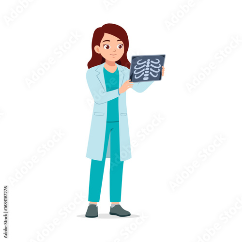 Doctor woman with X ray image in her hand wearing a lab coat and scrubs smiling friendly