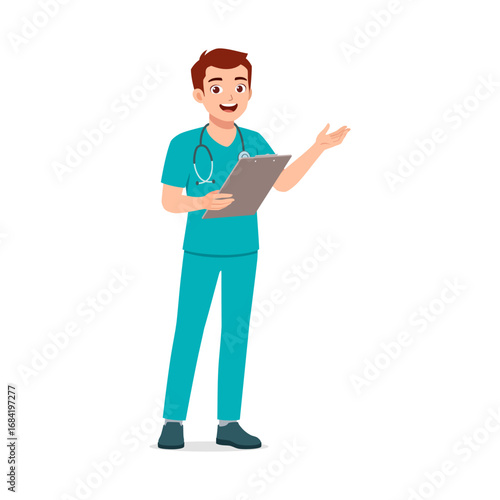 Young Caucasian Man Doctor Explaining Holding Clipboard and Wearing Stethoscope Illustration