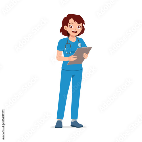 Female Nurse Holding Clipboard Smiling in Uniform with Stethoscope in Full Body Illustration