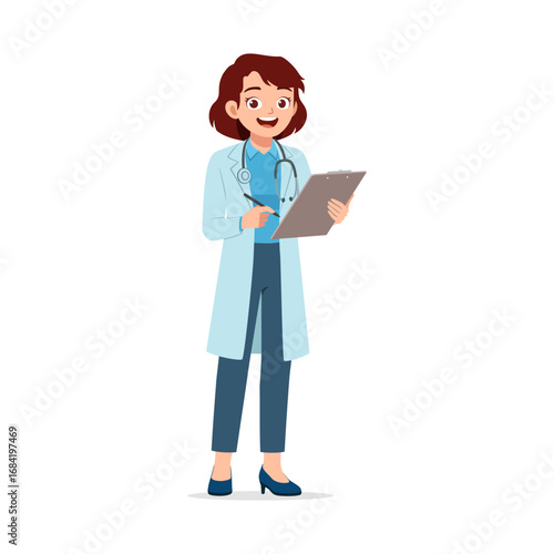 Happy Female Doctor in Lab Coat Holding Clipboard and Pen Isolated on White Background