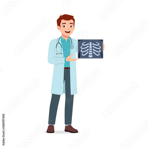 Young Caucasian Doctor Holding and Presenting X-ray Film with Smiling Face in White Background