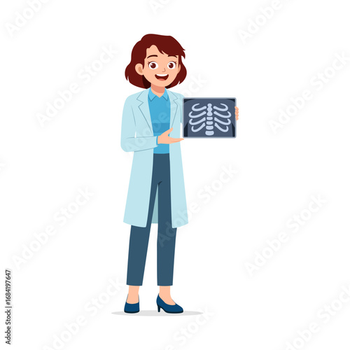 Smiling Asian Woman Doctor Holding X-ray Image Examination Result in Healthcare Cartoon