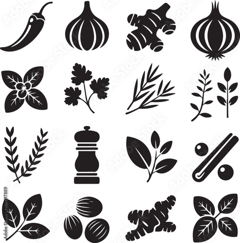 Spices and herbs icons chili garlic ginger onion basil parsley dill Keywords: spices, herbs