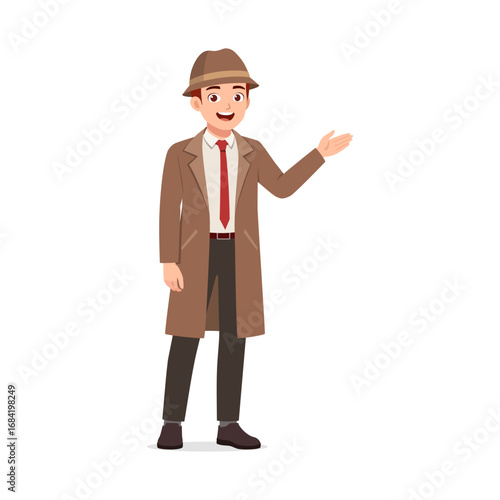 A Caucasian Man in Overcoat Smiling and Presenting Something with Open Palm Gesture Illustration