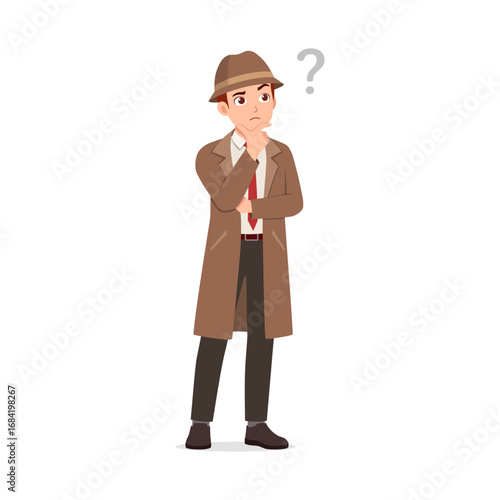 Man in Trench Coat Thinking with Question Mark Expression of Confusion and Curiosity