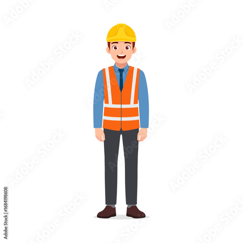 Construction Worker in Safety Vest and Hard Hat Smiling Portrait Full Shot on White