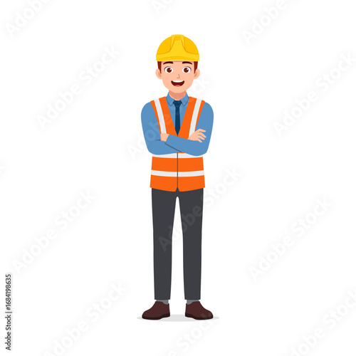 Smiling Construction Worker with Arms Crossed Wearing Hard Hat and Safety Vest Cartoon