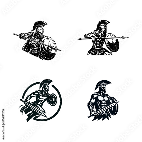 Spartan Warrior Illustrations Set with Helmets, Spears, Shields, and Swords
