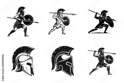 Spartan Warrior and Helmet Icon Set Vector Illustrations