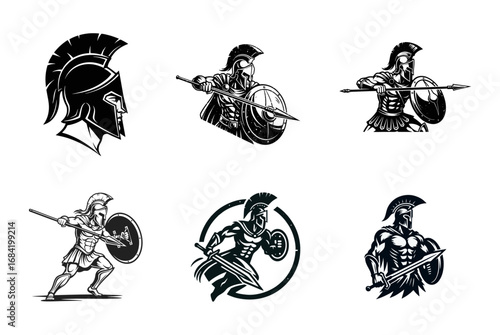 Spartan Warrior and Helmet Vector Illustration Set