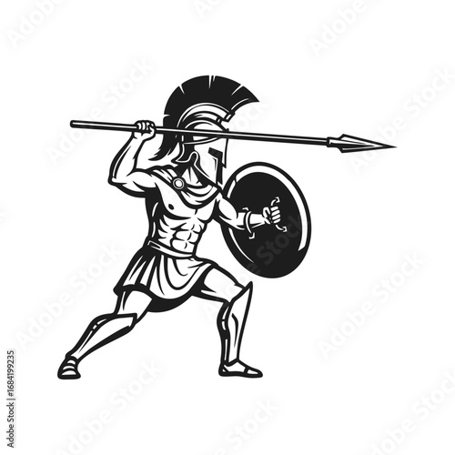 Dynamic Spartan Warrior Throwing Spear with Shield and Helmet - Black and White Vector Illustration