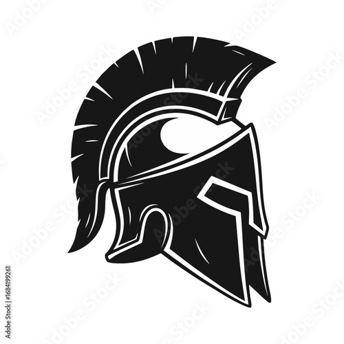 Black and White Illustration of a Spartan Warrior Helmet with Crest - Ancient Greek Symbol