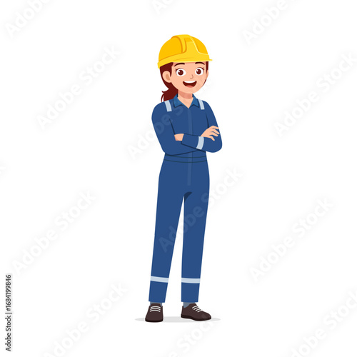 Illustration of cheerful young woman worker wearing uniform and hard hat standing with arms crossed