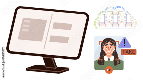Computer monitor with digital analytics, cloud network, and highlighted deepfake detection on a photo. Ideal for AI, cybersecurity, technology, digital ethics, data, identity verification simple