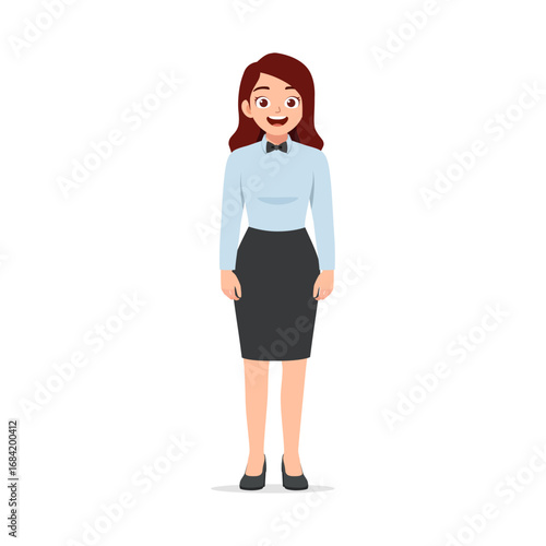 Young Asian Woman Standing Wearing Formal Clothes Smiling Expression Full Body Shot