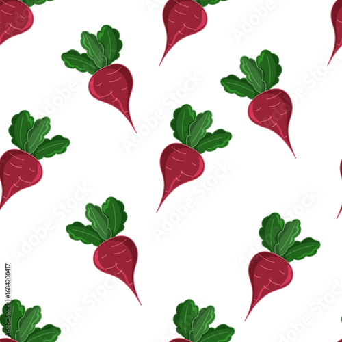Vector seamless pattern with red beets and green leaves on white. Perfect for food packaging, menus, labels, fabric, kitchen decor, wrapping paper and farm market branding