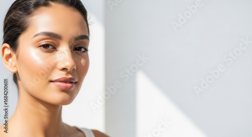 Radiant woman with glowing, healthy skin, reflecting natural beauty and wellness concepts.