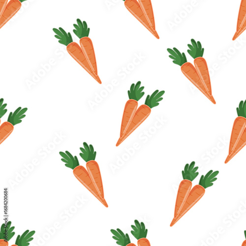 Vector seamless pattern with carrots and green tops on white. Clean repeat suitable for textiles, packaging, kitchen prints and healthy food branding