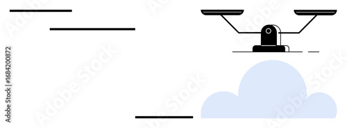 Quad-rotor Quadcopter moving above a light cloud with motion lines. Ideal for technology, innovation, delivery, future, surveillance, transportation, and Quadcopters. Simple flat metaphor