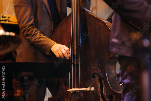 Bild auf Leinwand Concert view of contrabass violoncello player with vocalist and musical rock ban