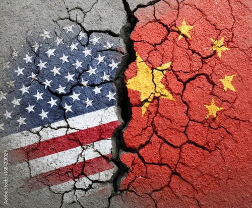 Wallpaper Mural A depiction of strained relations between the United States and China, symbolized by cracked earth bearing their national flags. Torontodigital.ca