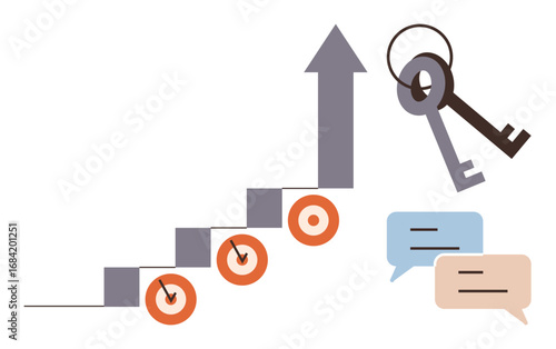 Stairs leading upward with targets on steps, communication bubbles, and keys highlighting progress, goals, teamwork, opportunity, strategy, problem-solving and achievement ideals. Simple flat