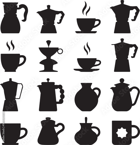 Coffee Pots and Cups Silhouettes in Black and White moka pot espresso maker