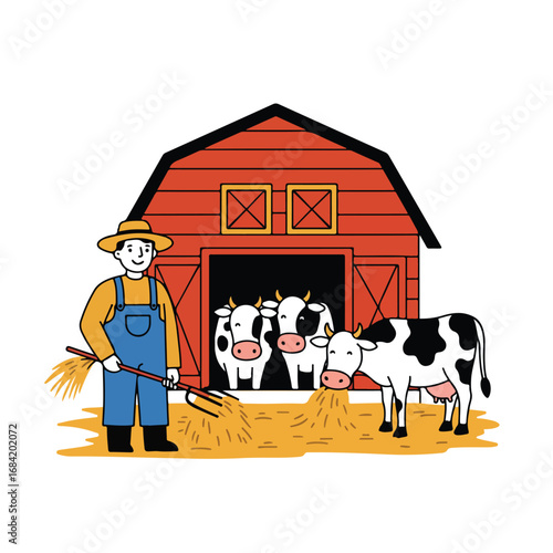 Farmer with pitchfork and cows outside a red barn