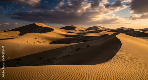 Fototapeta Naklejka Na Ścianę i Meble -  Golden Hour over Majestic Sand Dunes in a Vast Desert Landscape.