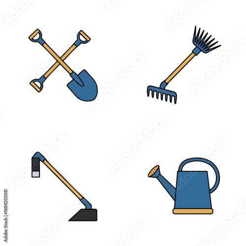 Four cartoon gardening tools on a white background