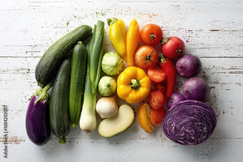 Rainbow of Fresh Vegetables on a Wooden Surface.