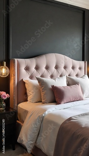 Luxurious upholstered headboard in a modern bedroom, featuring plush velvet fabric and subtle button tufting  Perfect for interior design inspiration ,  fabric,  bedroom headboard