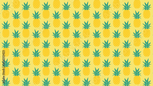 A vibrant seamless pineapple pattern on a yellow background. This tropical fruit vector is great for summer designs, fabric, and wrapping paper