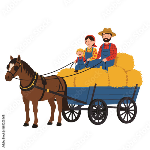 Horsedrawn wagon with family and hay bales