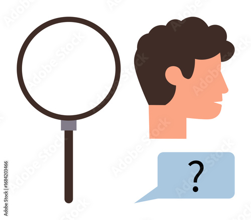 Magnifying glass, male profile silhouette, and question mark in speech bubble represent curiosity, research, problem-solving, investigation, learning, brainstorming and critical thinking. Simple