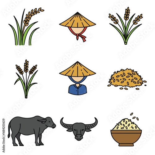 Nine icons depicting elements of rice cultivation including rice stalks conical hats a buffalo and rice grains