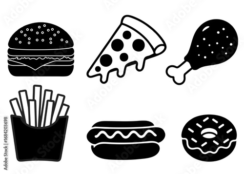 Assortment of Delicious Fast Food Items Burger, Pizza, Hotdog, Fries, Donut, Chicken