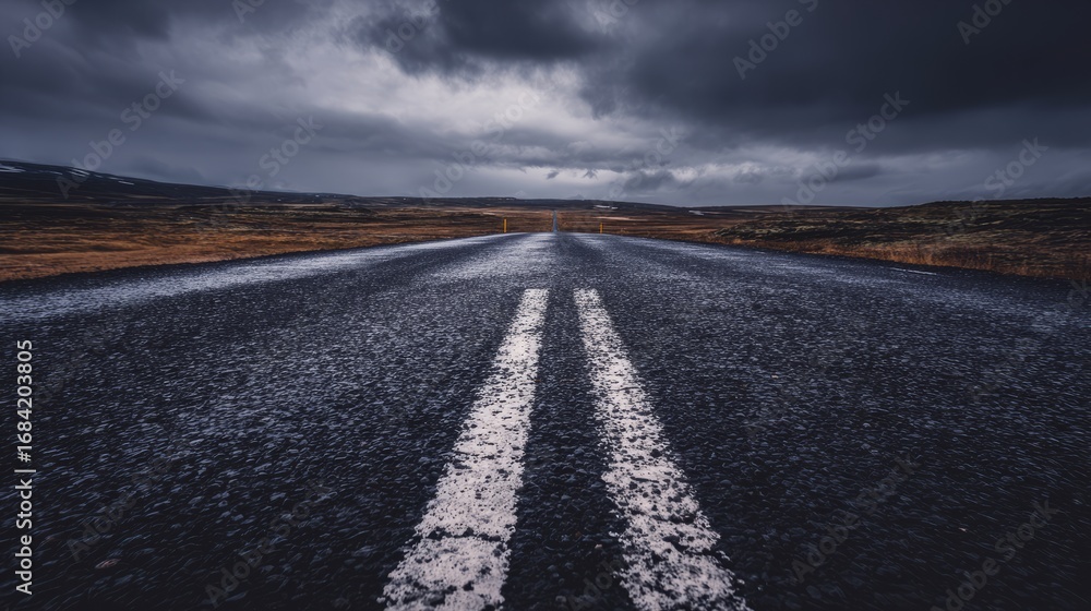 Naklejka premium tarmac,expansive,moody,overcast,transport,empty,route,perspective,nature,horizon,sky,space,environment,clouds,depth,landscape,atmospheric,roadway,weather,outdoor