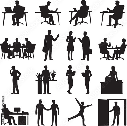 Business people silhouettes in various office and meeting scenarios woman