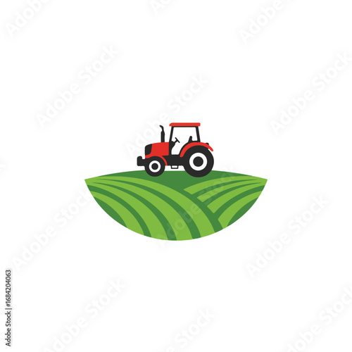 Red tractor on a green field with curved lines