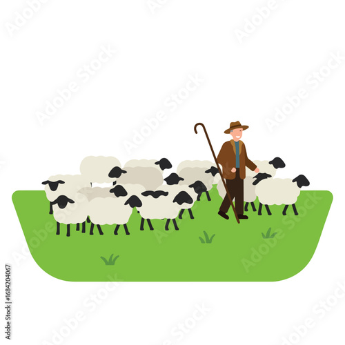 Shepherd with flock of sheep on grassy field