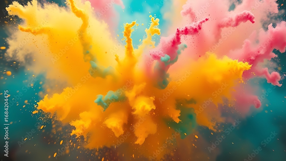 Obraz premium Swirling cloud of colorful powder mid-air, capturing dynamic motion in a festive celebration scene.
