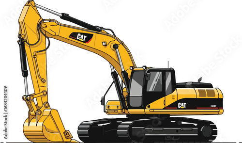 Yellow Caterpillar excavator machine isolated on white background.